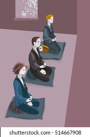 A group of people practicing zen meditation (zazen). Sitting in silence concentrated in the breath and in koan MU 