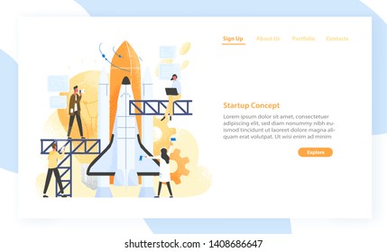 Group of people preparing spaceship, rocket, spacecraft or shuttle for space journey. Startup company or business project launch. Modern flat vector illustration for advertisement banner, website.