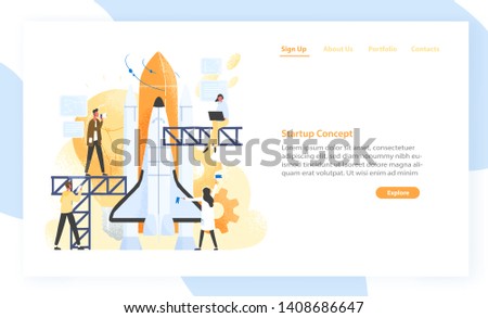 Group of people preparing spaceship, rocket, spacecraft or shuttle for space journey. Startup company or business project launch. Modern flat vector illustration for advertisement banner, website.