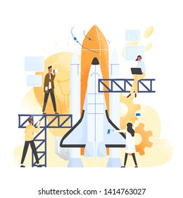 Group of people preparing spaceship, spacecraft, rocket or shuttle for space travel or mission. Clerks working together on startup company or business project launch. Modern flat vector illustration.