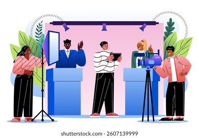 Group of people preparing for a televised debate with podiums, lights, and camera, in colorful cartoon style, on a bright background. Concept of media production. Vector illustration