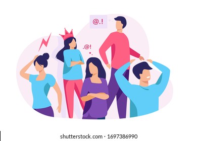 Group of people with problem behavior. Arrogant, angry, bored, selfish, proud man and woman failing in communication. Vector illustration for society, social skills concept
