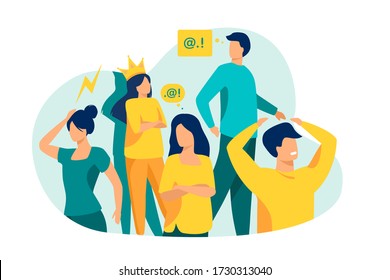 Group of people with problem behavior. Arrogant, angry, bored, selfish, proud man and woman failing in communication. Vector illustration for society, social skills concept