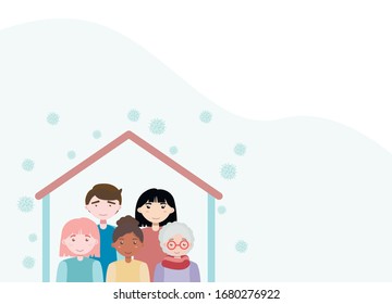 Group of People protect themselves in house from Coronavirus CoV. Quarantine and virus infection. Stay home, Stop COVID-19, 2019-nCoV Novel Corona virus. Vector illustration. Copy space