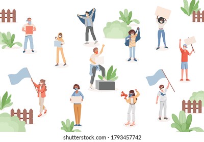 Group of people in protective face masks holding flags, loudspeakers, and placards vector flat illustration. Men and women protesting during meetings in urban park. Demonstration, protest.