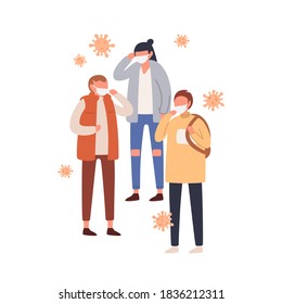 Group of people in protective masks vector flat illustration. Man and woman wearing protection from viral infection and air pollution isolated. Respiratory virus or environment pollutant emission