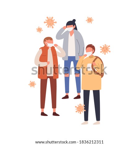 Group of people in protective masks vector flat illustration. Man and woman wearing protection from viral infection and air pollution isolated. Respiratory virus or environment pollutant emission