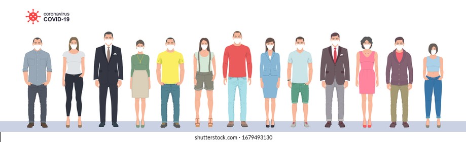 Group of People in protective medical face masks. Coronavirus COVID-19 virus. isolated on white background