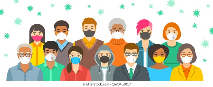 Group of people in protective medical face masks. Spread of coronavirus from person to person prevention. Wearing respirators to prevent covid-19 infection. Coronavirus pandemic. Global quarantine