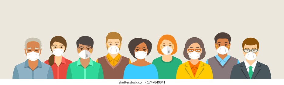 Group of people in protective medical face masks. Prevention of coronavirus, flu, urban air pollution, smog, contaminated air in the world. Wearing respirators to prevent covid-19. Social distance