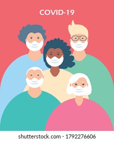 group of people in protective medical face masks, woman and man wearing protection from coronavirus vector illustration design