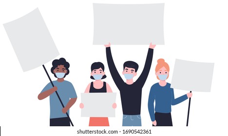 Group of people in a protective medical mask holding empty banners. People characters demonstrating blank banners. Male and female protesters or activists. Coronavirus Flat vector modern illustration.