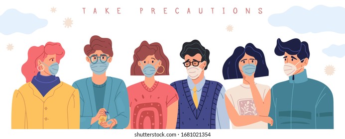 Group of people in protective medical masks horizontal illustration. Pandemics and quarantines. Precautionary measures. Virus covid-19. Vector banner