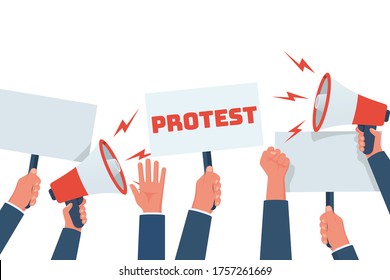 Group of people in protest. Posters and loudspeaker in hands. Fist and hands up. Color flat of people of Protestants. Concept of revolution and conflict. Crowd of people. Vector style.
