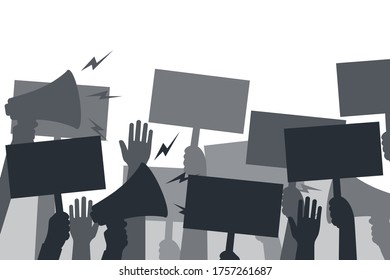 Group of people in protest. Posters and loudspeaker in hands. Fist and hands up. Black silhouettes of people of Protestants. Concept of revolution and conflict. Pictogram crowd of people. Vector flat.