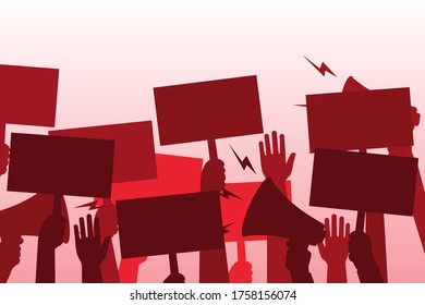 Group of people in protest. Posters and loudspeaker in hands. Fist and hands up. Black silhouettes of people of Protestants. Concept of revolution and conflict. Pictogram crowd of people. Vector flat.