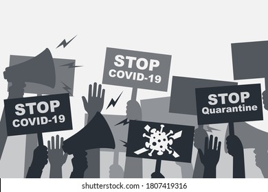 Grupo de personas en protesta por "Stop covid-19". Afiche de las retenciones humanas en las manos. Contra la prevención del coronavirus. Bloqueo de cuarentena.Diseño plano de ilustración de vector. Concepto de huelga. Puño y manos arriba. 
