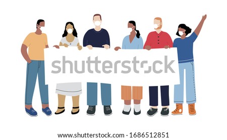A group of people protest with a transparency against unemployment caused by the epidemic of the coronavirus COVID-19. Illustration in a flat style.