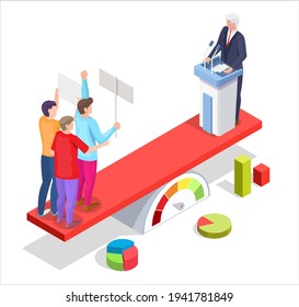 Group of people protesters, activists with banners placards and male politician behind the rostrum standing like on the seesaw, flat vector isometric illustration. Political protest strike demo crisis