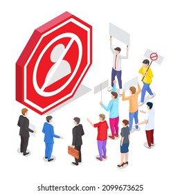 Group of people protesters, activists with placards, boycott sign, flat vector isometric illustration. Cancel culture, boycott movement, social protest, strike.