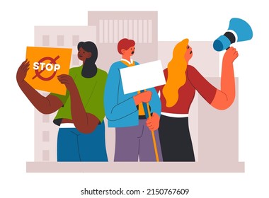Group of people, protesters on demonstration holding placards and loudspeakers. Shouting women, activists manifestation. Human rights fighting against politics. Freedom, vector in flat style