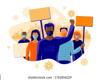 Group of people protesters protesting and wearing face mask to prevent covid virus, disease, flu, air pollution. Old young black man woman holding banner boards. Vector illustration with city skyline.