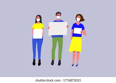 Group of people protesters protesting and wearing face mask to prevent covid virus, disease, flu, air pollution.Vector illustration . 