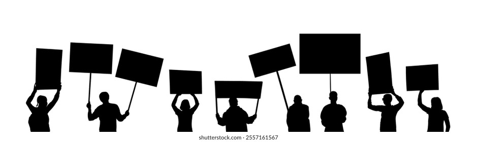 Group of people protesters vector silhouette illustration isolated. Man hand holding sign. Empty banner plate. Blank protest flag. Political agitation campaign. Demonstration social laborers rights