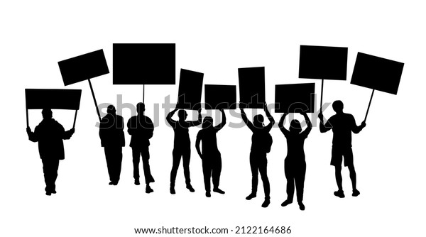 Group of people protesters vector silhouette\
illustration isolated. Man hand holding sign. Empty banner plate.\
Blank protest flag. Political agitation campaign. Demonstration\
social laborers rights