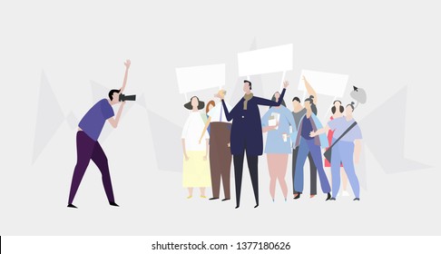 Group of people protesting against of something. Front man making an announcement for the media. Camera man shooting the news. 