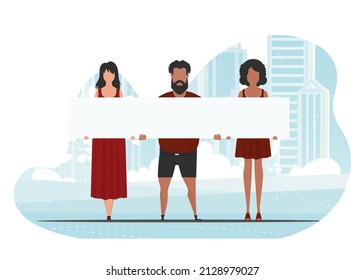 A group of people are protesting. Banner in blue tones. Vector in cartoon style.