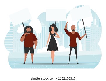Un grupo de personas está protestando. Cartel en tonos azules. Ilustración ligera en estilo plano.
