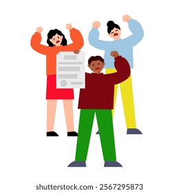 Group of people protesting with a document. Vector simple color flat illustration.