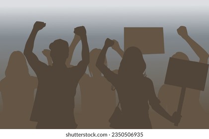 group of people protesting, human rights, people with signs and posters fight for their rights, sports crowd. vector illustration.