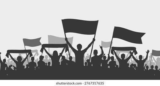A group of people are protesting with signs and megaphones on a city street, A crowd of people protesting and holding flags in a demonstration