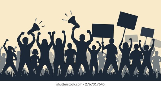 A group of people are protesting with signs and megaphones on a city street, A crowd of people protesting and holding flags in a demonstration