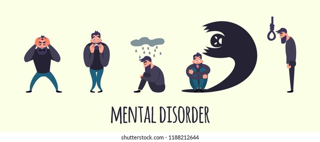 Group of people with psychology or psychiatric problem. Illness men in anxiety disorder. Phobia, suicide, fear and other mental disorder vector illustration