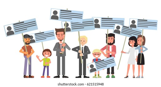 A group of people publish comments, hold signs. Vector illustration, a flat style design. Isolated on a white background.
