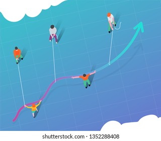 Grupo de personas tirando de un gráfico de líneas.Concepto de trabajo en equipo de negocios.
