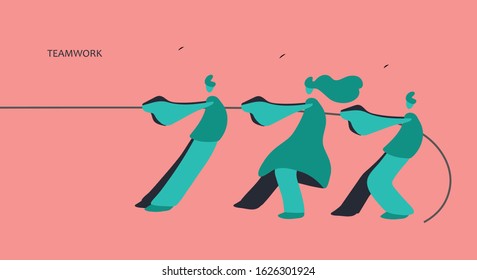 A group of people are pulling a rope. Vector artwork depicts the concept of teamwork, team cooperation, combining effort, collaboration, working together. Vector illustration in minimal flat style