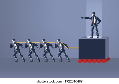 Group of People Pulls Rope to Move Cruel Boss Blue Collar Illustration Concept