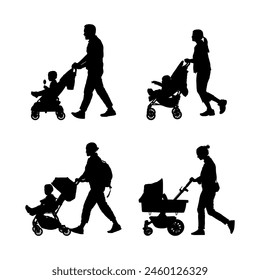 Group people pushing strollers with baby inside vector silhouettes set.	