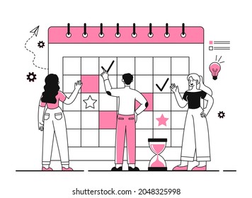 Group of people put marks on calendar. Planning concept, goal setting, deadline. Entrepreneurship and calendar schedule planning. Cartoon flat vector illustration isolated on white background