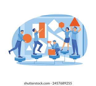 A group of people put together a geometric puzzle. Work together to get the best results. Team Work concept. Flat vector illustration.