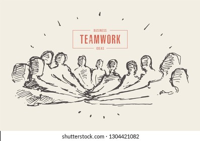 Group of people putting hand on top of each other, togetherness, teamwork, friendship. Stack of hands. Hand drawn vector illustration, sketch