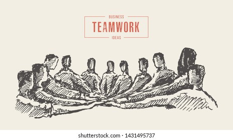 Group of people putting hand on top of each other, togetherness, teamwork, friendship. Stack of hands. Hand drawn vector illustration, sketch