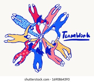 Group of people putting hand on top of each other, togetherness, teamwork, friendship. Stack of hands. Hand drawn vector illustration, sketch