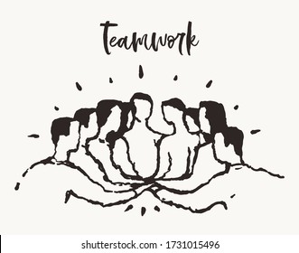 Group of people putting hand on top of each other, togetherness, teamwork, friendship. Stack of hands. Hand drawn vector illustration, sketch