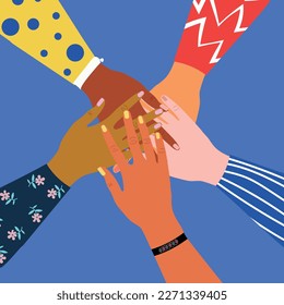 Group of people putting their hands together on each other. Friendship, partnership, teamwork, community, team building concept. Flat illustration in trendy cartoon style