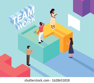 group of people with puzzle piece , teamwork vector illustration design